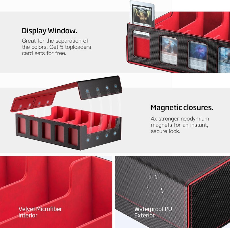 MORCCO Trading Card Storage Box 5-Row 3900+ Capacity,TCG MTG Card Case with Magnetic Lid & Commander Display,Top Loader Storage for Sports Cards,Includes Dividers Dice Box（Black＆Red） - Image 5